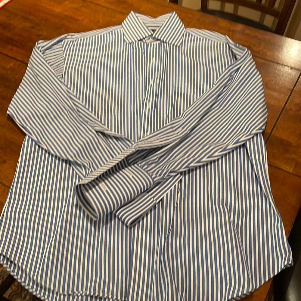 Custom dress shirt, 16 1/2 x 35, Egyptian cotton, navy stripe, spread collar.